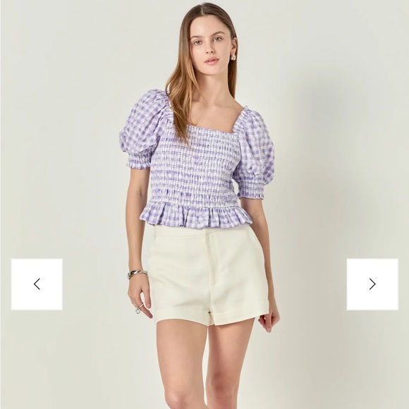 English Factory Square Neck Purple Gingham Smocked Short Sleeve Blouse Medium - Picture 2 of 7